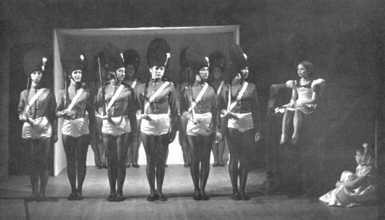 Jack and the Beanstalk 1959: a line of toy soldiers in tall bearskin hats, with a little girl watching from a chair